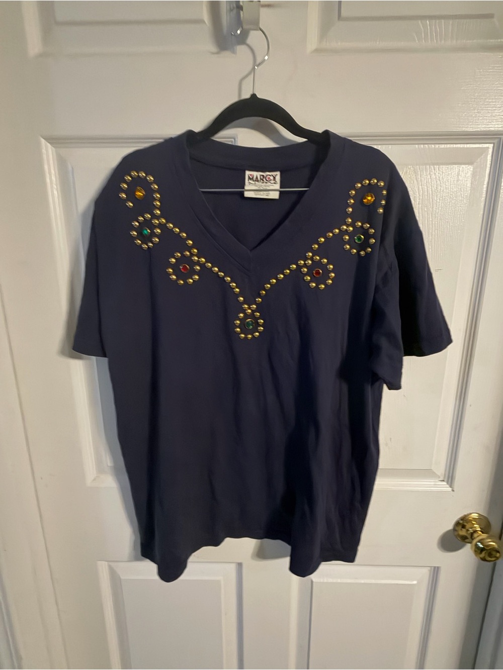 Vintage Navy V-Neck Short Sleeve Tee with Decorative Gem Studs